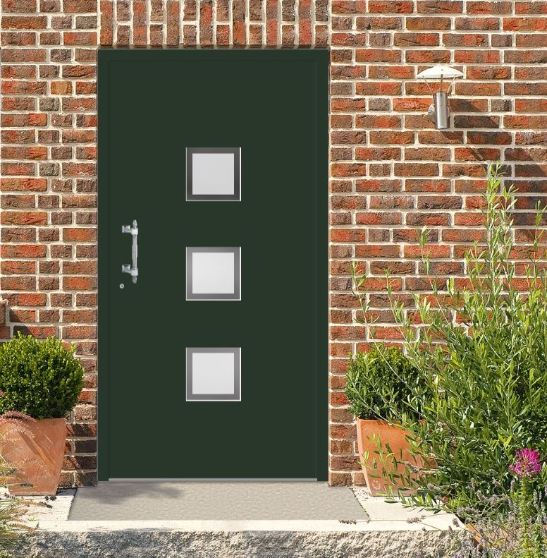 grüne Haustüre mit einem Füllungsausschnitten und einem kurzen Stangengriff 