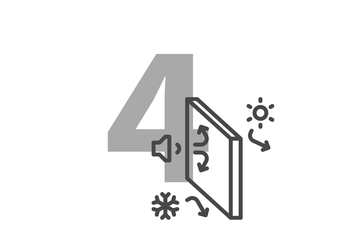 Zahl Vier mit einem Schallschutz-Glasscheibe mit den Symbolen Schnee, Sonne und Lautstärke