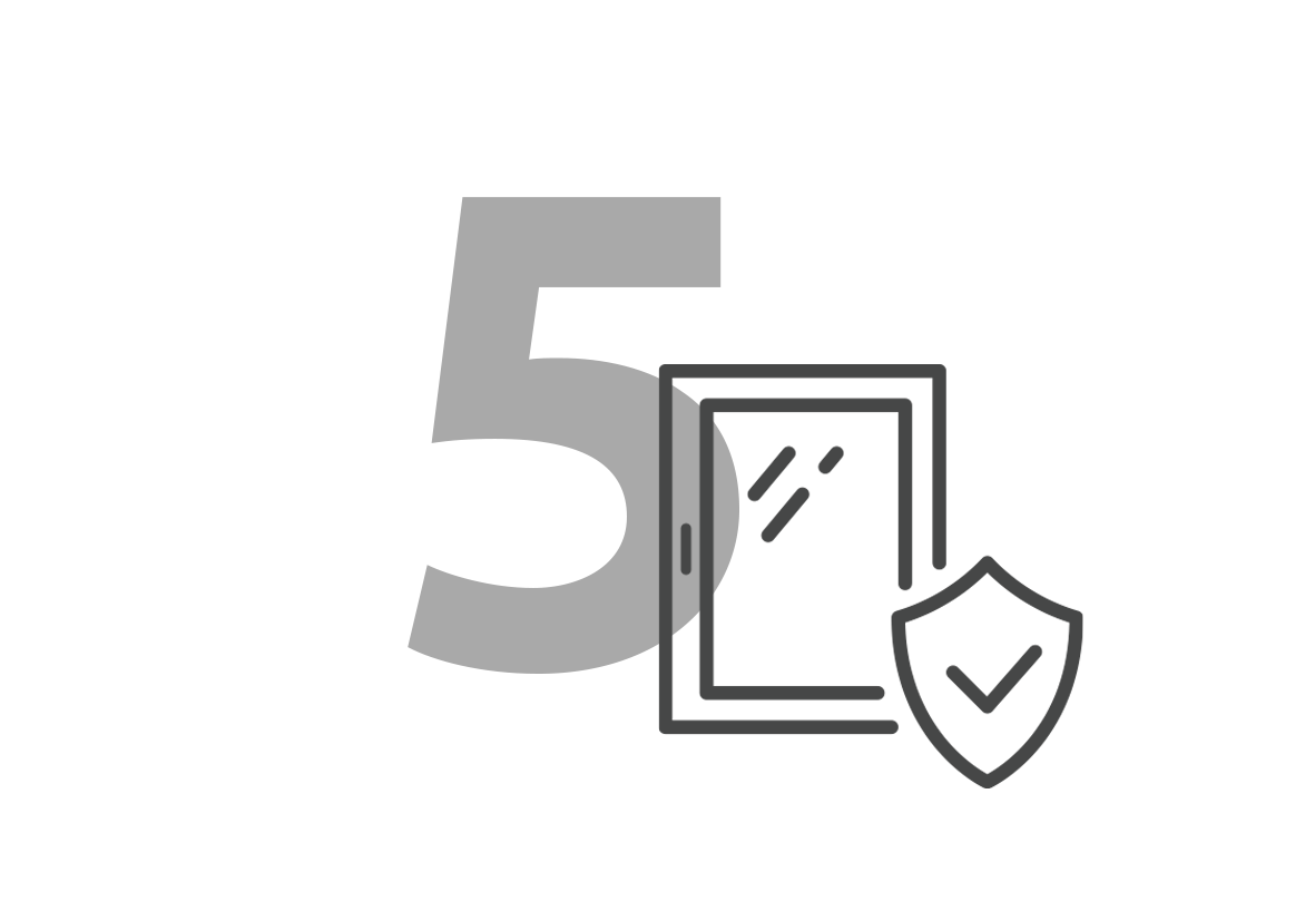 Konfigurator-Anleitung 5. Schritt Gezeichnete Fünf mit einem Fenster und einem Qualitäts- und Sicherheitssiegel in Form eines Schild