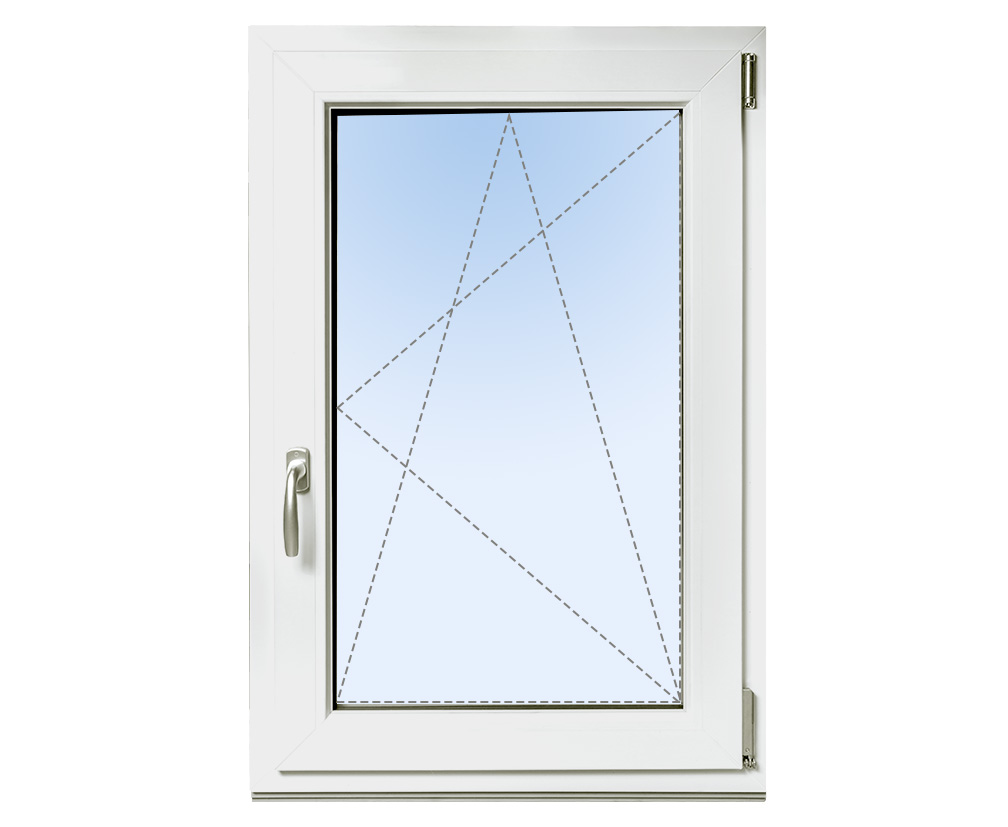 Fenster in der Farbe Weiß mit einem silbernen Griff, Öffnung Dreh-Kipp-Rechts