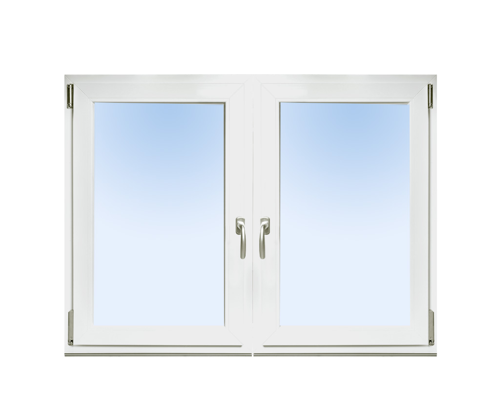 zweiteiliges weißes Fenster mit zwei silbernen Griffen