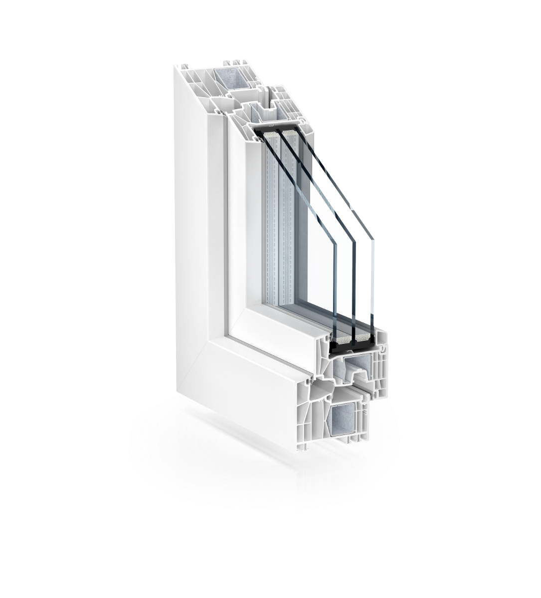 Weiße Musterecke mit dem 88 MD PVC-Fensterprofil und 3-fach  Verglasung