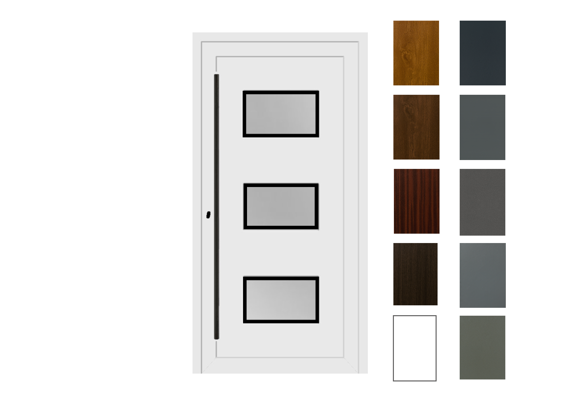 Weiße Haustüre mit Füllung und Stangengriff, 10 weitere Farbvariationen abgebildet
