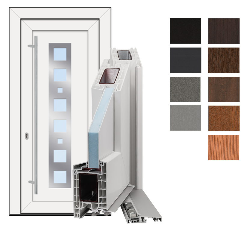 Weiße Haustüre mit Einsatzfüllung in mehreren Farben