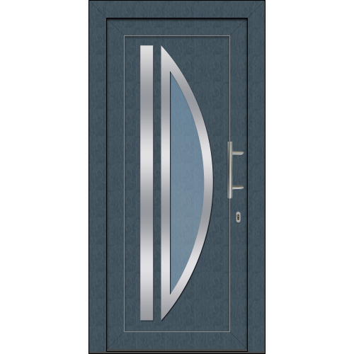 Graue Haustüre mit einem halbrunden Glasausschnitt inkl. Edelstahlapplikation