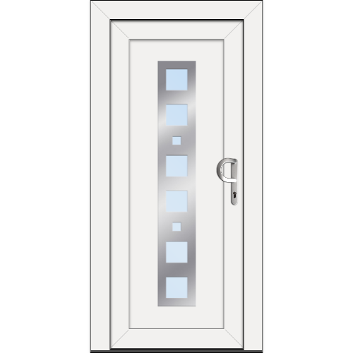 Weiße Haustüre mit Glasausschnitten und einer Edelstahlapplikation