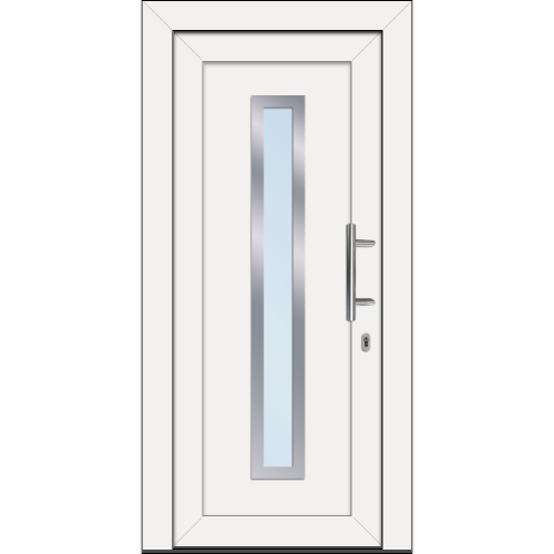 Weiße Haustüre mit Glas und Edelstahlapplikationen